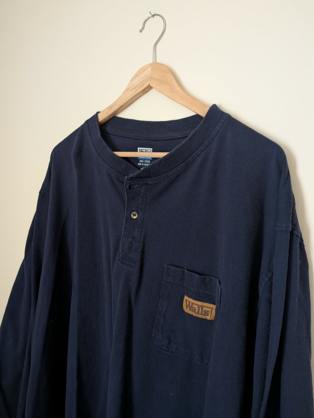 Walls Workwear Navy Blue Long Sleeve Henley Pocket Shirt - Men's XL